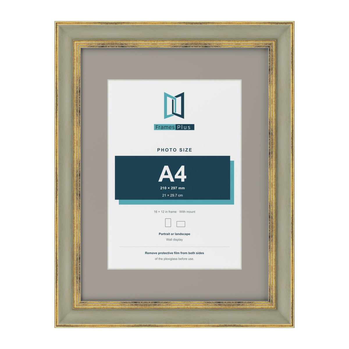 Cassis Green 16 x 12 inch picture frame with a dawn grey mount for an A4 photo