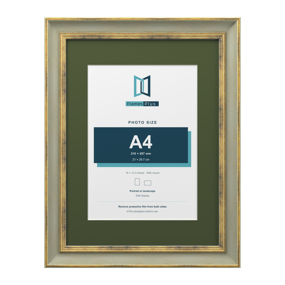 Cassis Green 16 x 12 inch picture frame with a green mount for an A4 photo