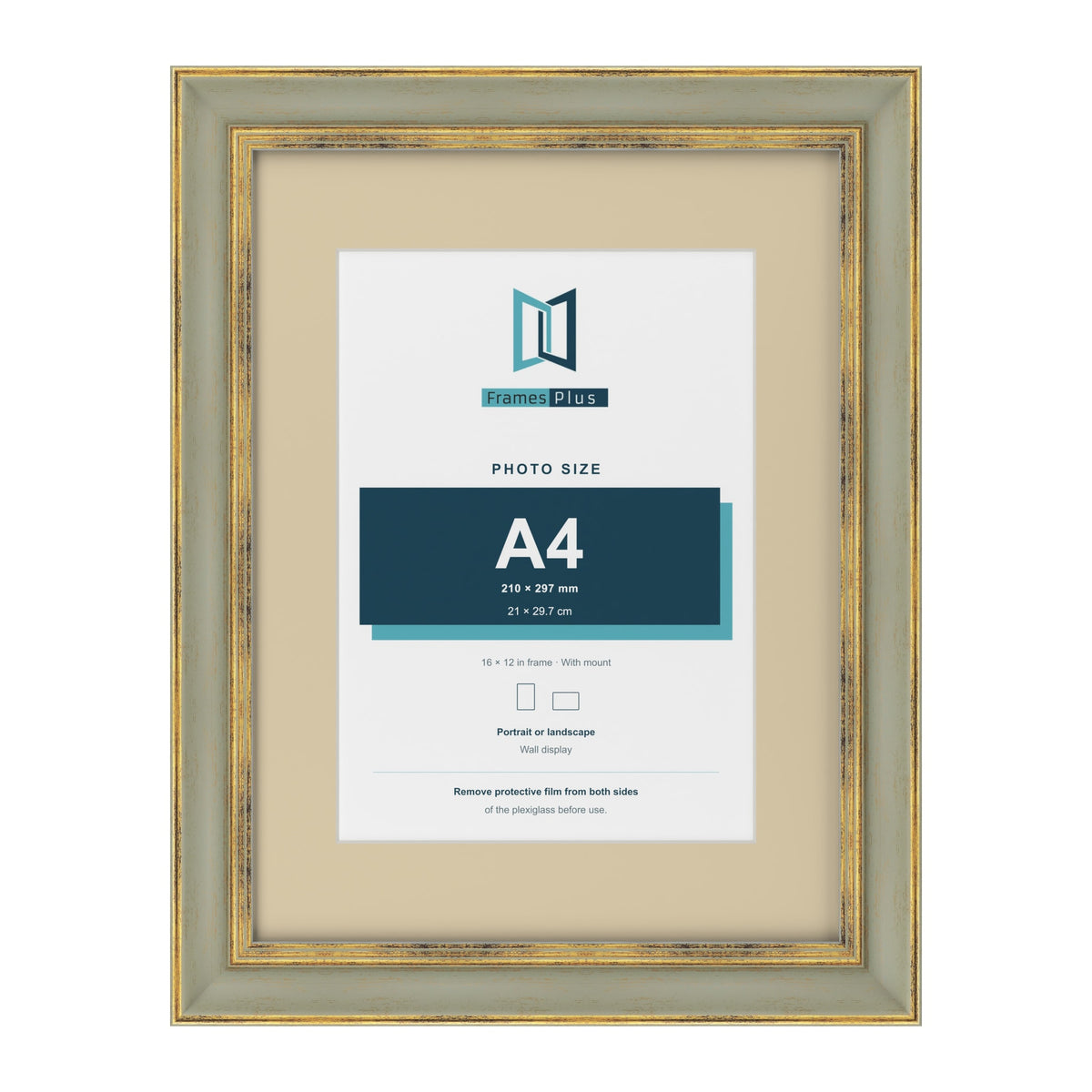 Cassis Green 16 x 12 inch picture frame with an ivory mount for an A4 photo