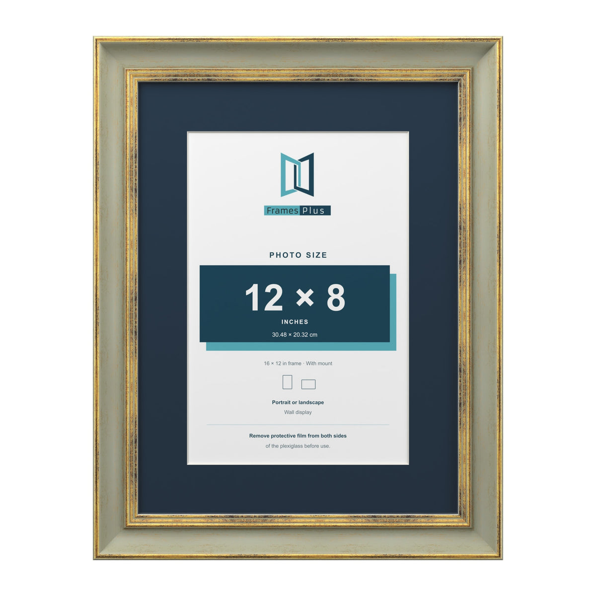 Cassis Green 16 x 12 inch picture frame with a pacific blue mount for a 12 x 8 inch photo