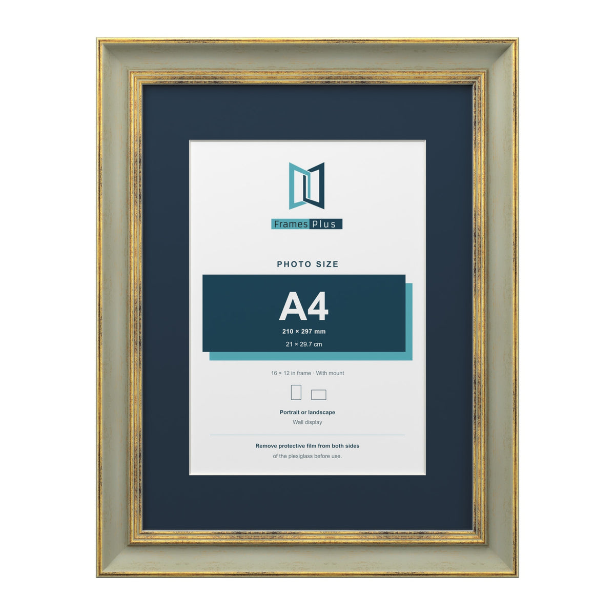 Cassis Green 16 x 12 inch picture frame with a pacific blue mount for an A4 photo