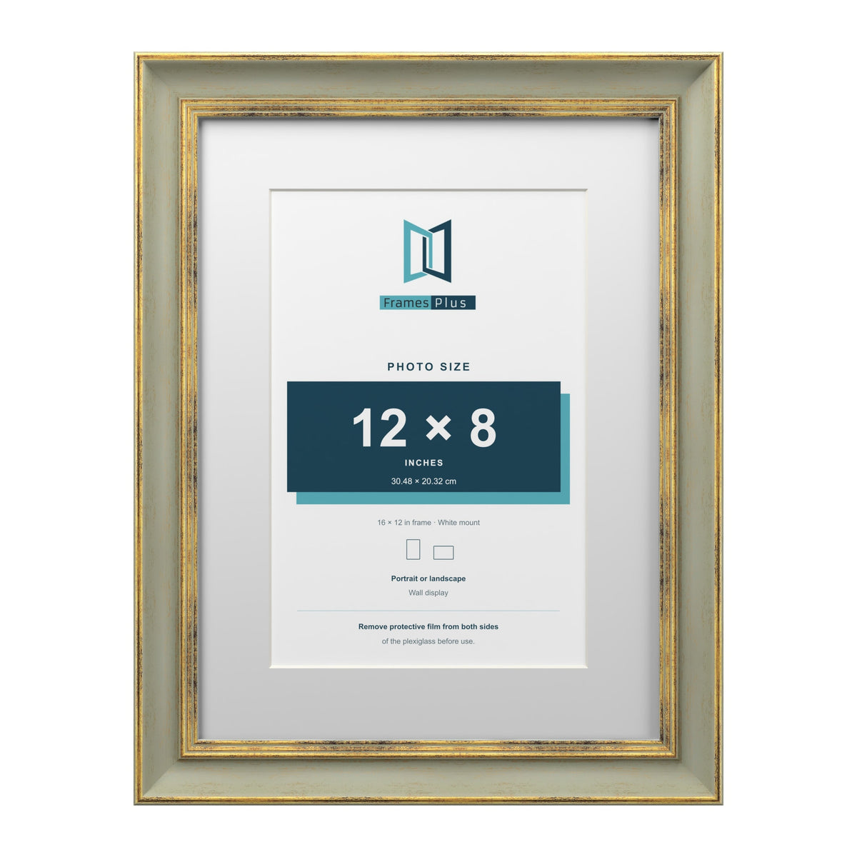 Cassis Green 16 x 12 inch picture frame with a white mount for a 12 x 8 inch photo