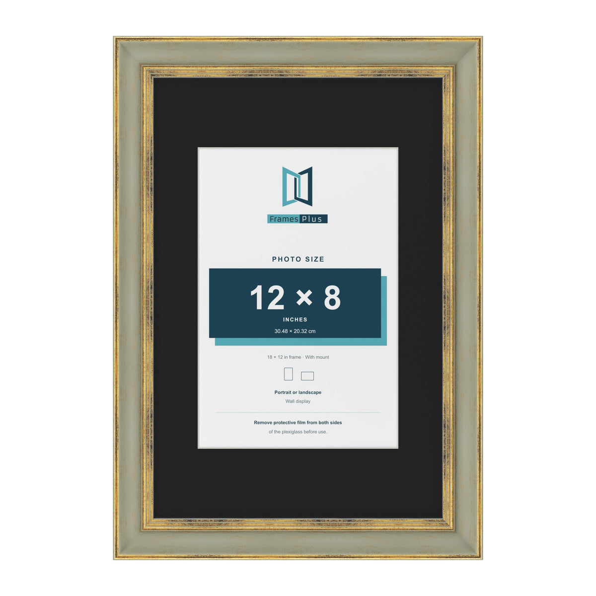 Cassis Green 18 x 12 inch picture frame with a black mount for a 12 x 8 inch photo