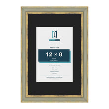Cassis Green 18 x 12 inch picture frame with a black mount for a 12 x 8 inch photo