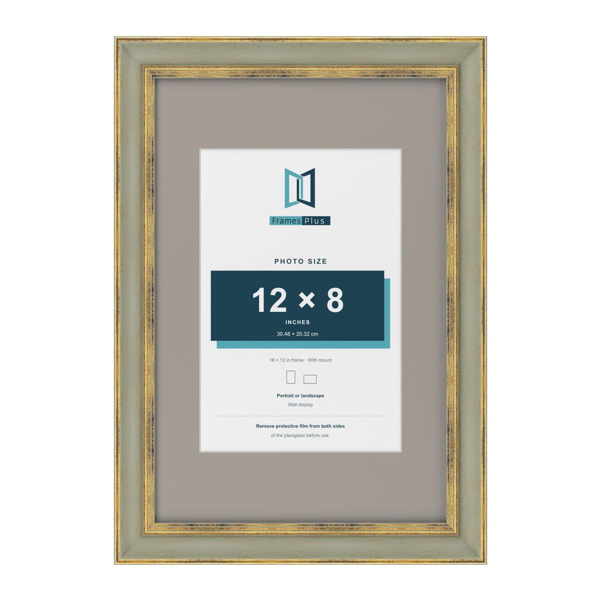 Cassis Green 18 x 12 inch picture frame with a dawn grey mount for a 12 x 8 inch photo