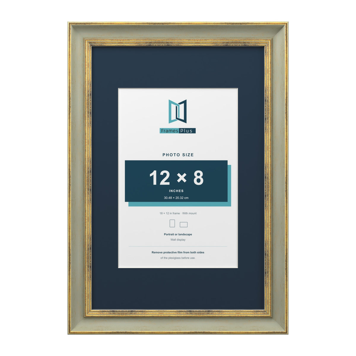 Cassis Green 18 x 12 inch picture frame with a pacific blue mount for a 12 x 8 inch photo