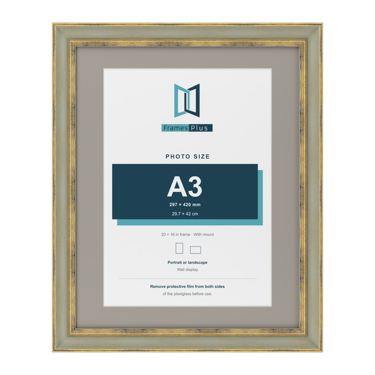 Cassis Green 20 x 16 inch picture frame with a dawn grey mount for an A3 photo