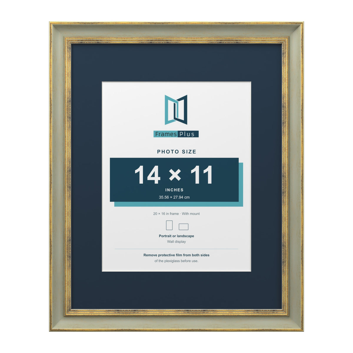 Cassis Green 20 x 16 inch picture frame with a pacific blue mount for a 14 x 11 inch photo