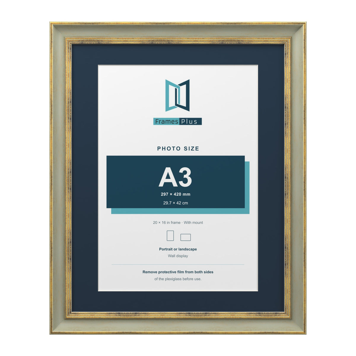 Cassis Green 20 x 16 inch picture frame with a pacific blue mount for an A3 photo