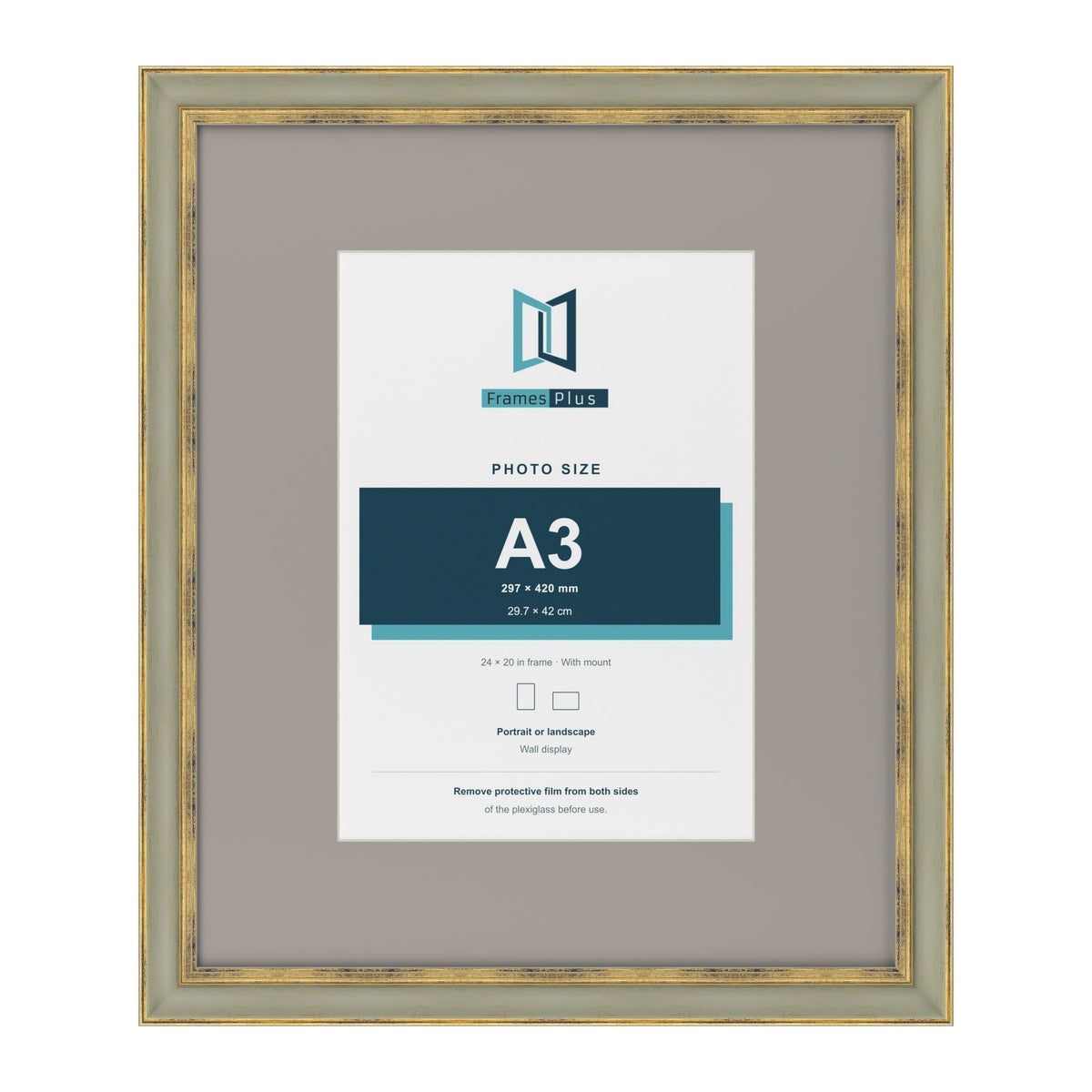 Cassis Green 24 x 20 inch picture frame with a dawn grey mount for an A3 photo