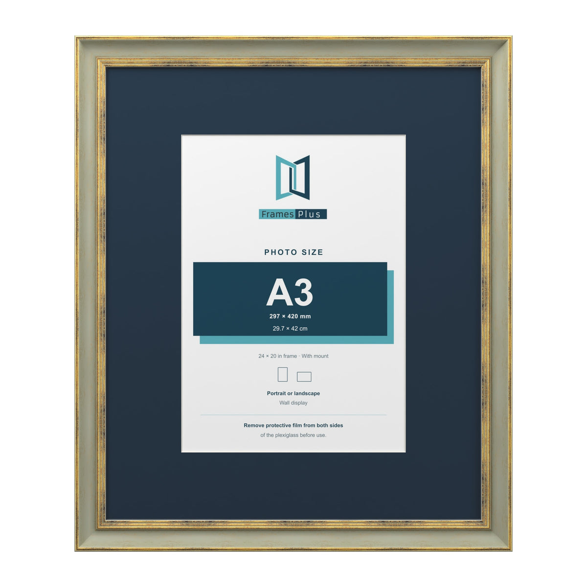 Cassis Green 24 x 20 inch picture frame with a pacific blue mount for an A3 photo