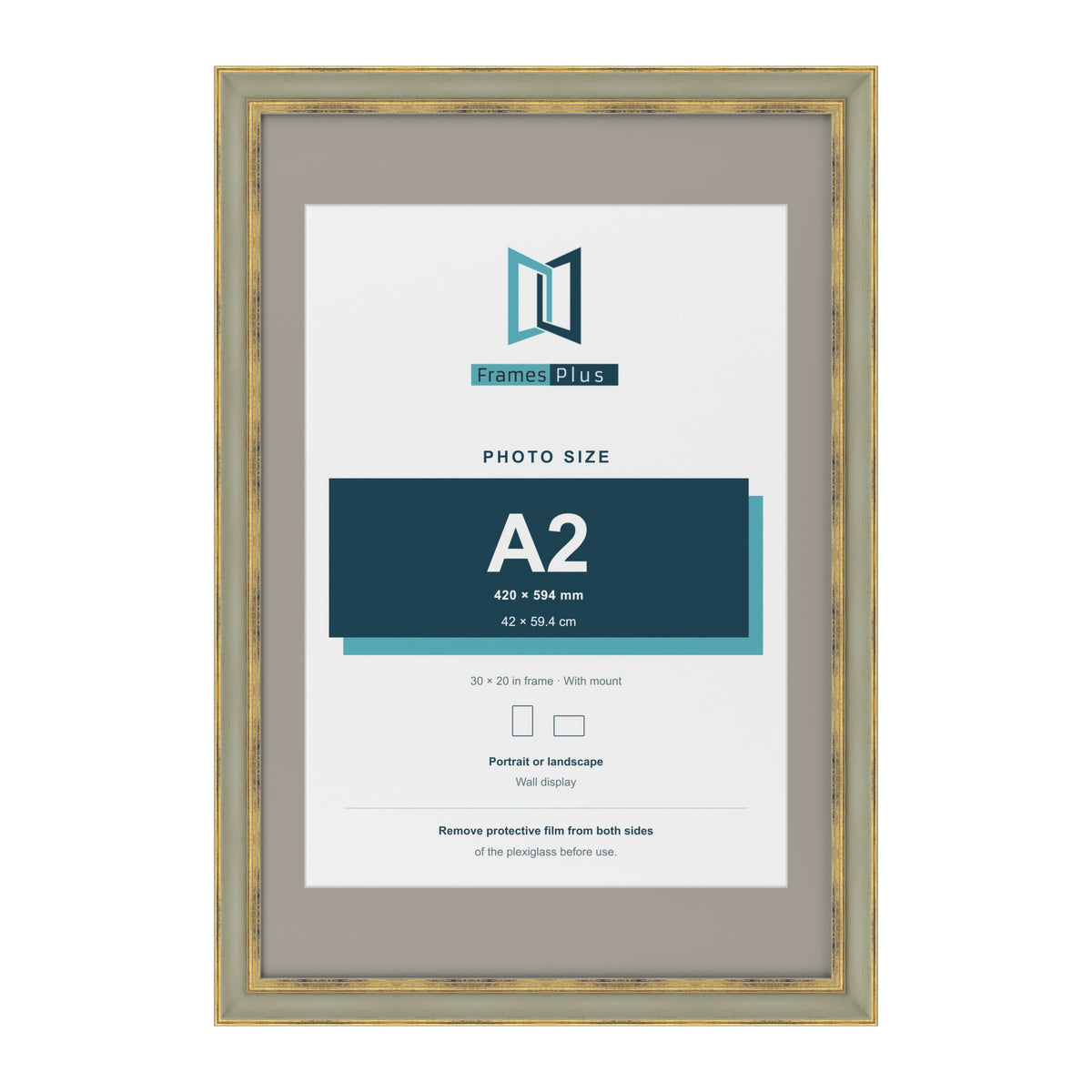 Cassis Green 30 x 20 inch picture frame with a dawn grey mount for an A2 photo