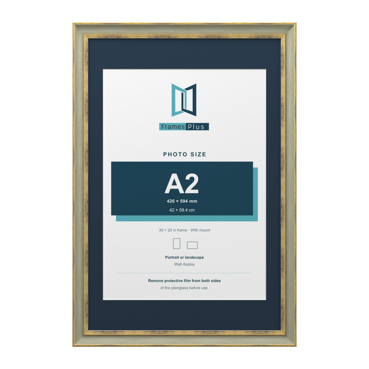 Cassis Green 30 x 20 inch picture frame with a pacific blue mount for an A2 photo
