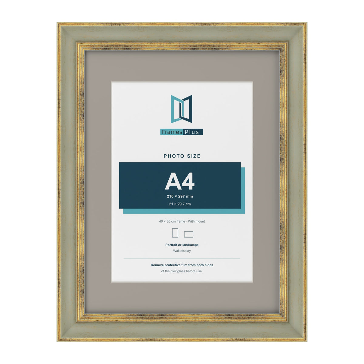 Cassis Green 40 x 30 cm picture frame with a dawn grey mount for an A4 photo