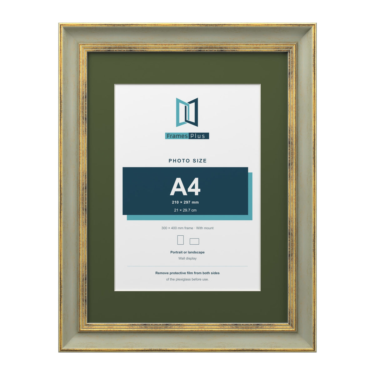 Cassis Green 40 x 30 cm picture frame with a green mount for an A4 photo