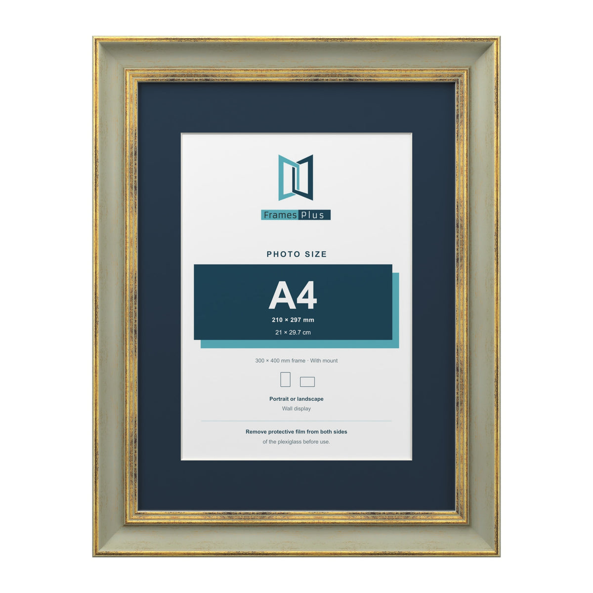 Cassis Green 40 x 30 cm picture frame with a pacific blue mount for an A4 photo