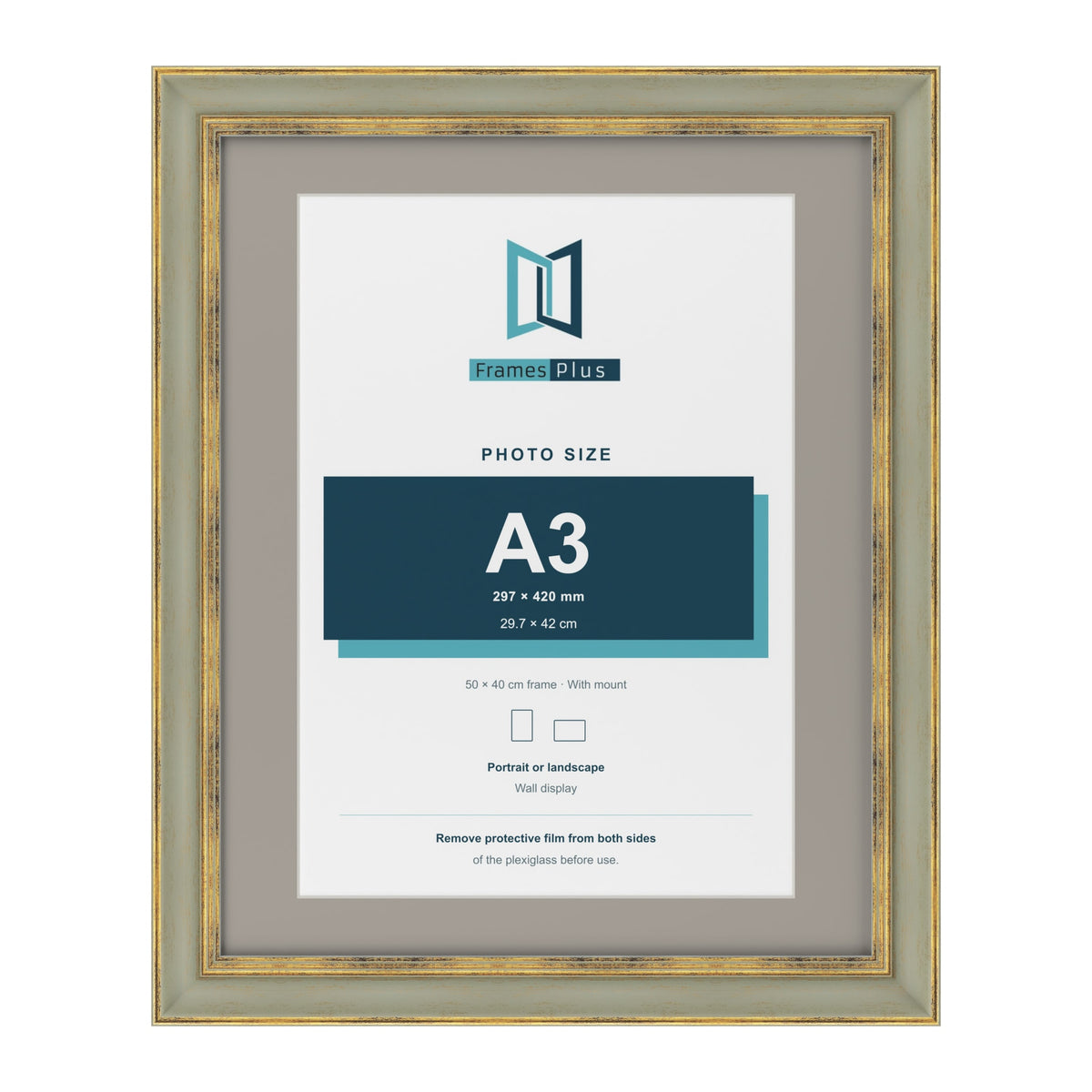Cassis Green 50 x 40 cm picture frame with a dawn grey mount for an A3 photo