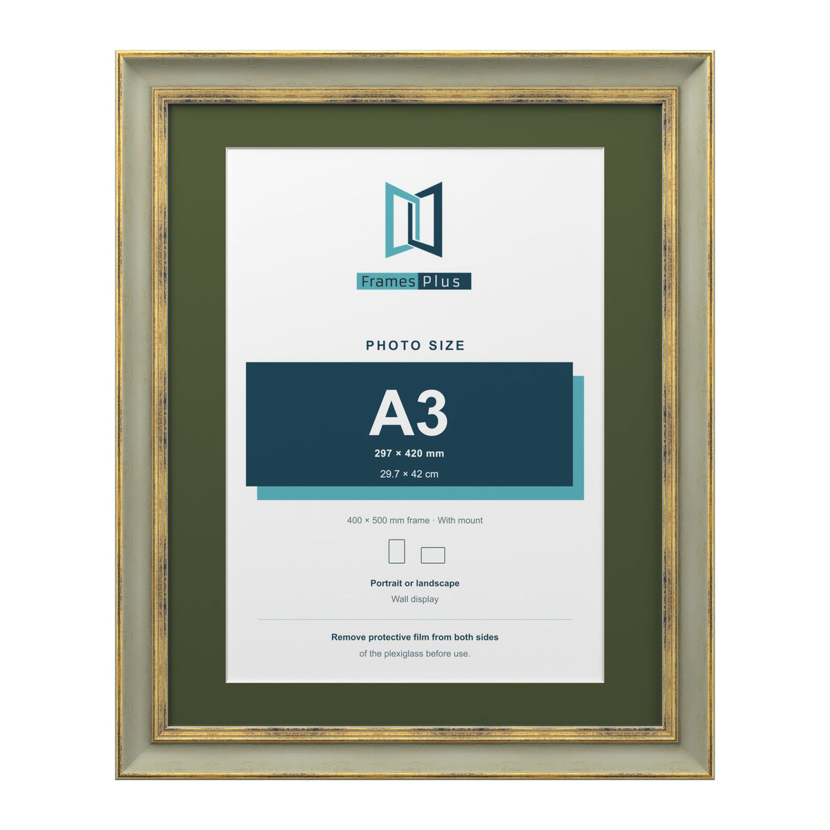 Cassis Green 50 x 40 cm picture frame with a green mount for an A3 photo