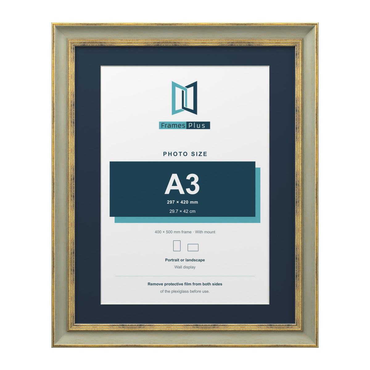 Cassis Green 50 x 40 cm picture frame with a pacific blue mount for an A3 photo