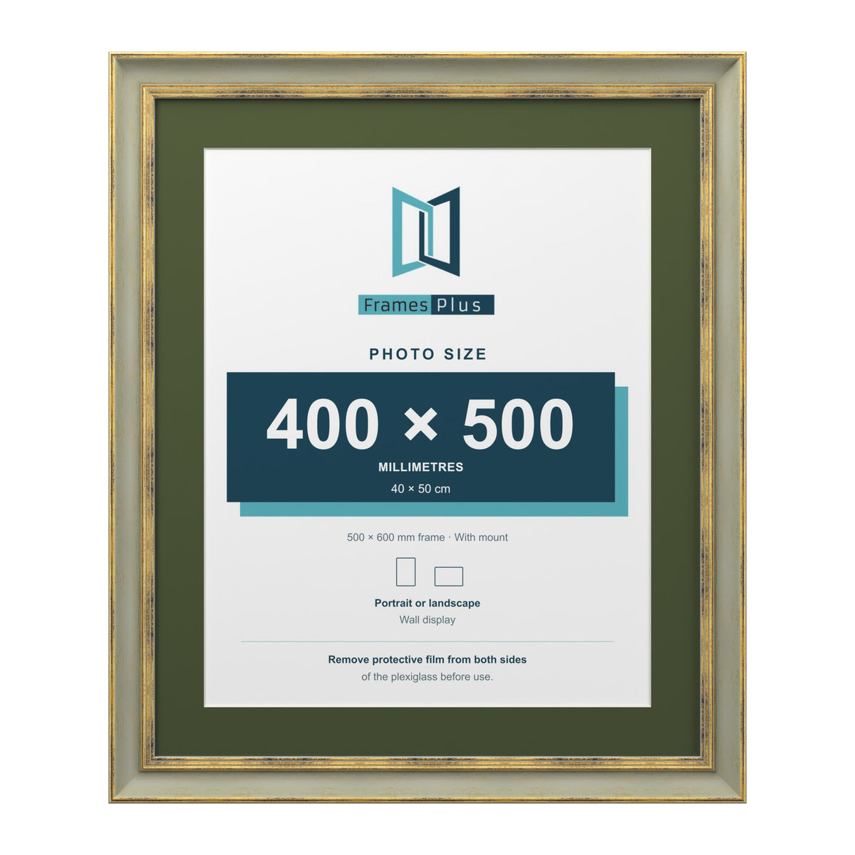 Cassis Green 60 x 50 cm picture frame with a green mount for a 50 x 40 cm photo
