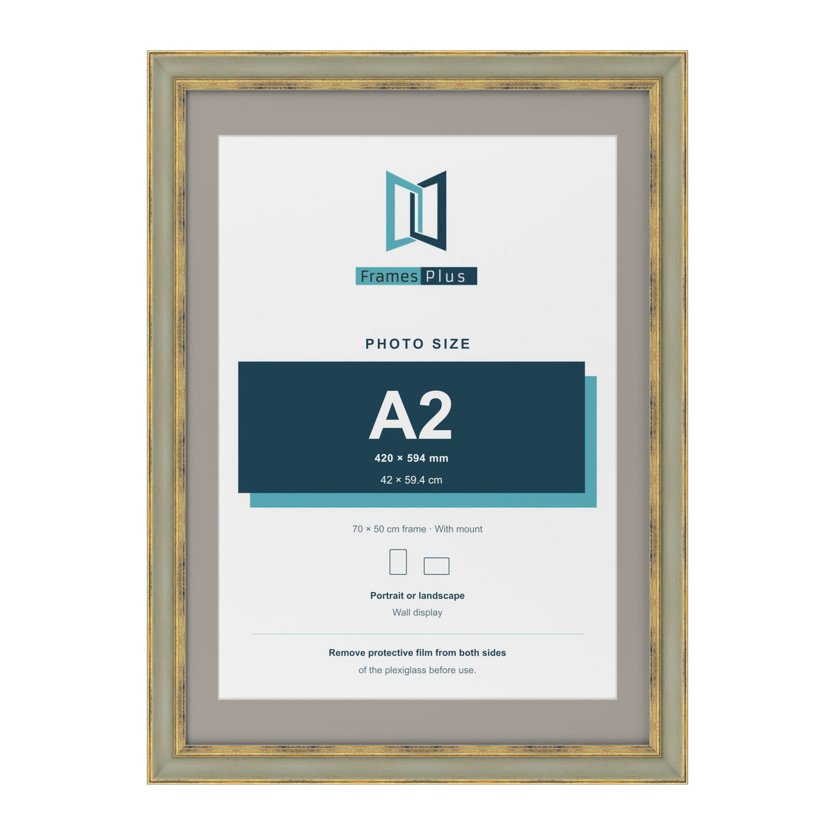 Cassis Green 70 x 50 cm picture frame with a dawn grey mount for an A2 photo