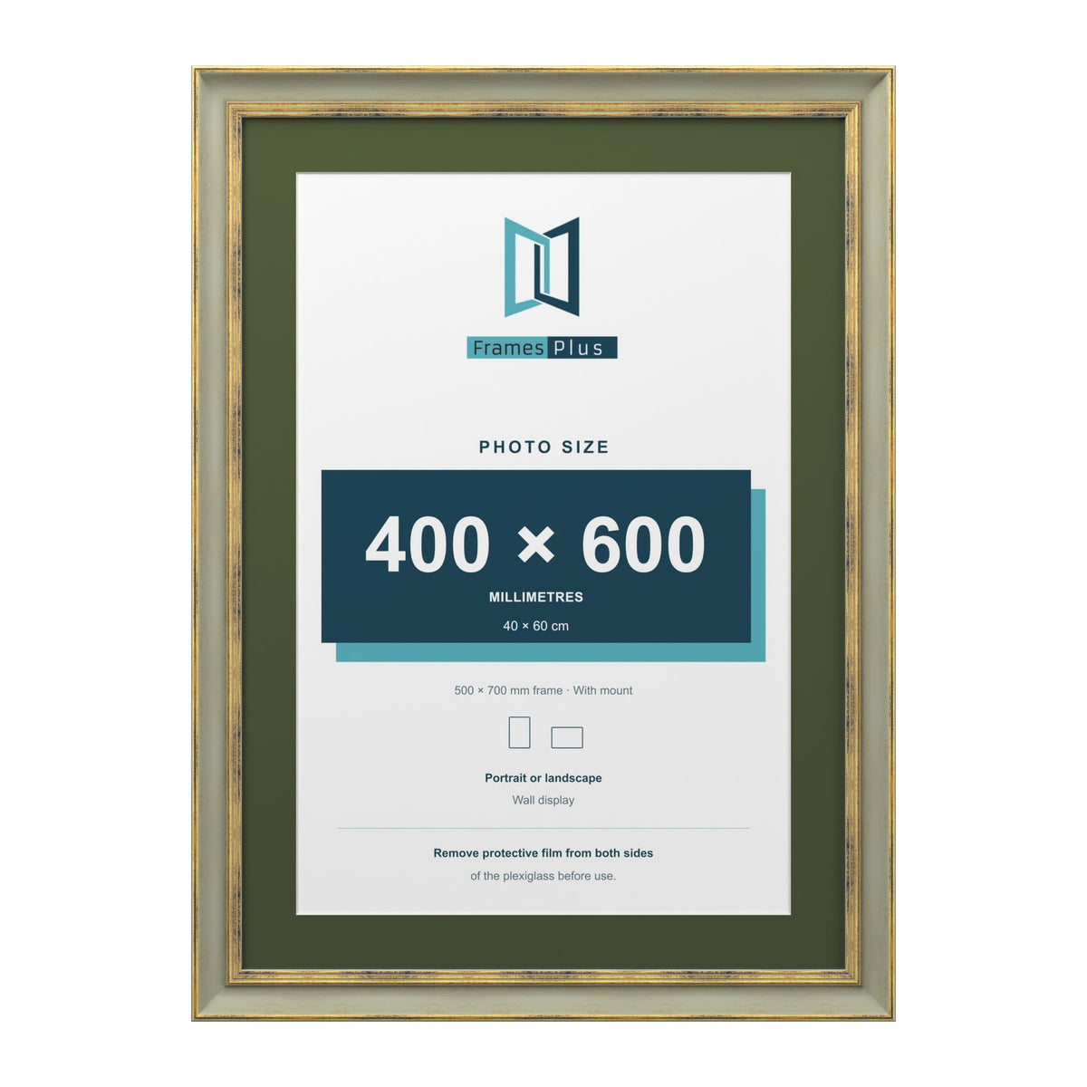Cassis Green 70 x 50 cm picture frame with a green mount for a 60 x 40 cm photo