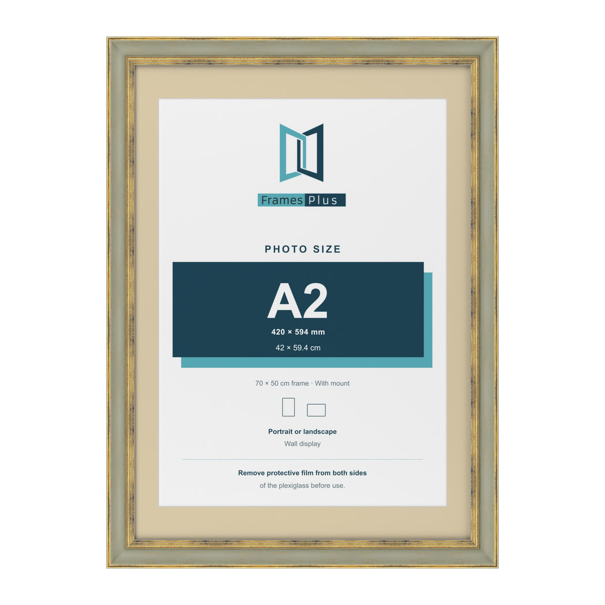 Cassis Green 70 x 50 cm picture frame with an ivory mount for an A2 photo