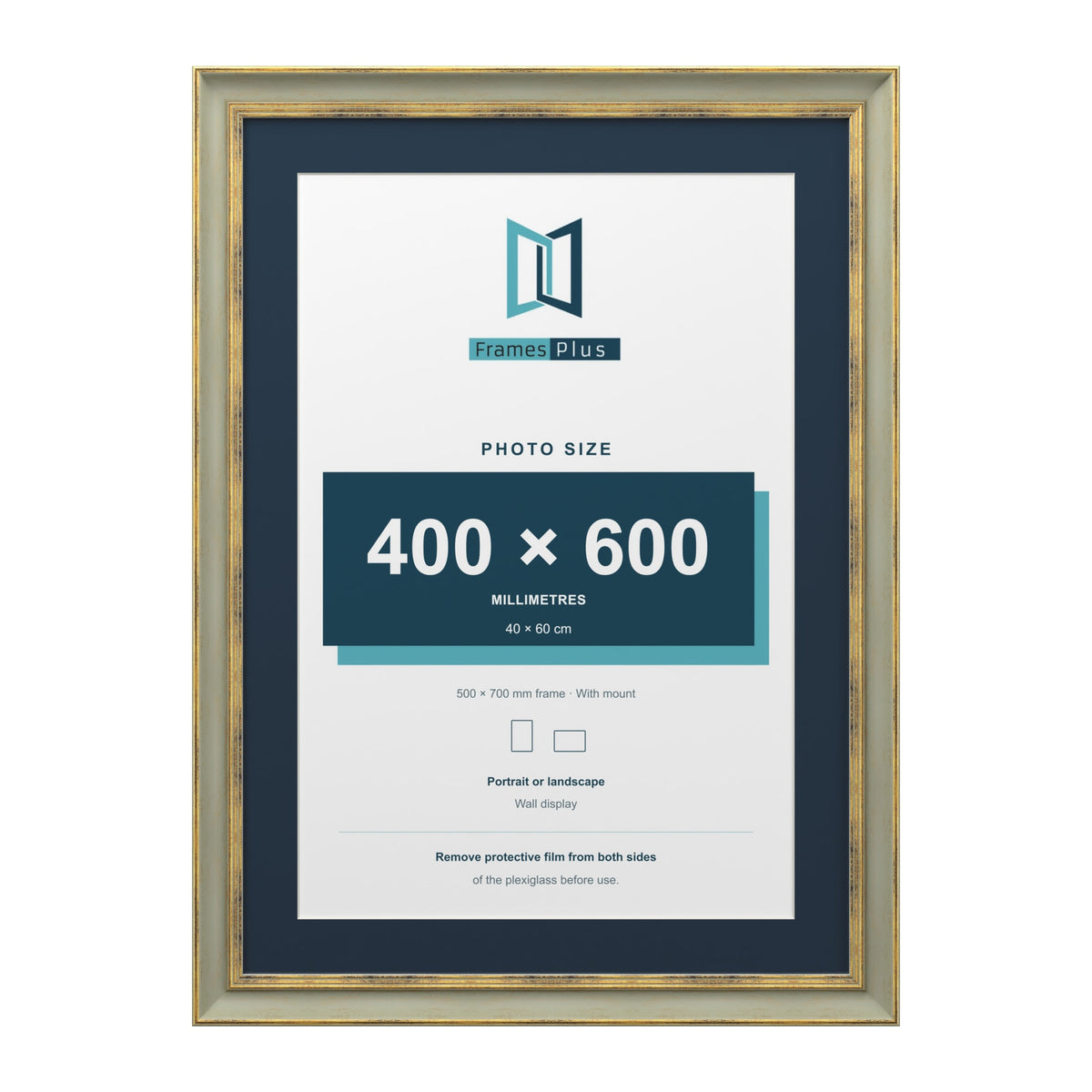 Cassis Green 70 x 50 cm picture frame with a pacific blue mount for a 60 x 40 cm photo