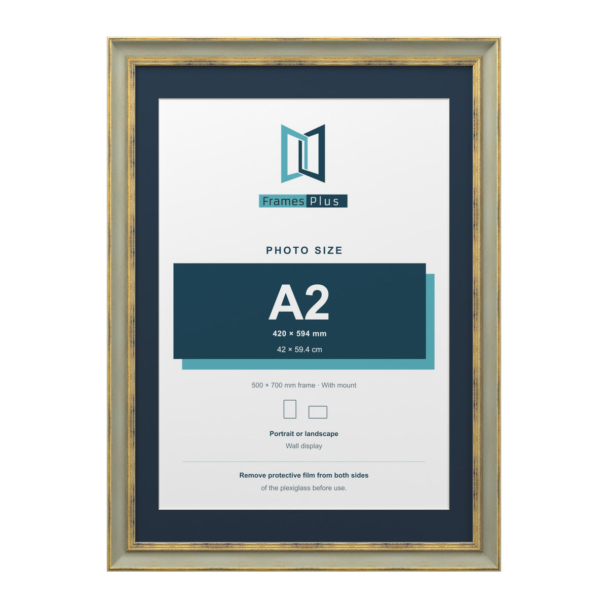 Cassis Green 70 x 50 cm picture frame with a pacific blue mount for an A2 photo