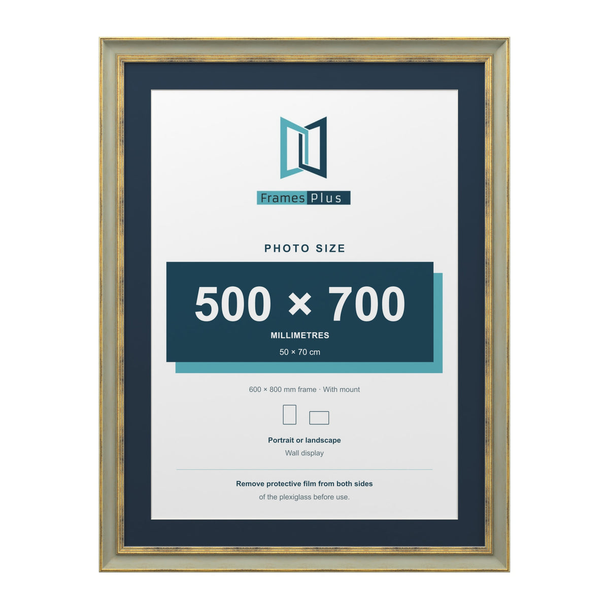 Cassis Green 80 x 60 cm picture frame with a pacific blue mount for a 70 x 50 cm photo