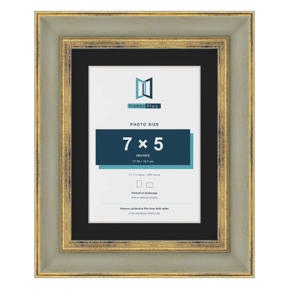 Cassis Green 9 x 7 inch picture frame with a black mount for a 7 x 5 inch photo