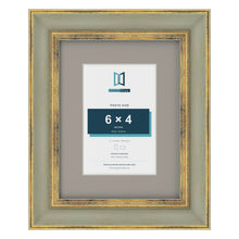 Cassis Green 9 x 7 inch picture frame with a dawn grey mount for a 6 x 4 inch photo