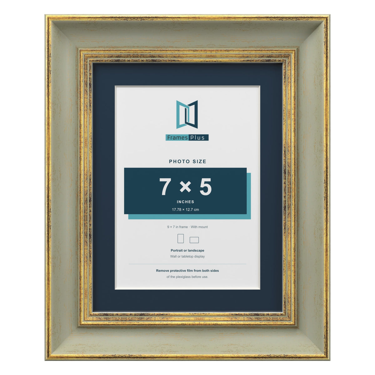 Cassis Green 9 x 7 inch picture frame with a pacific blue mount for a 7 x 5 inch photo