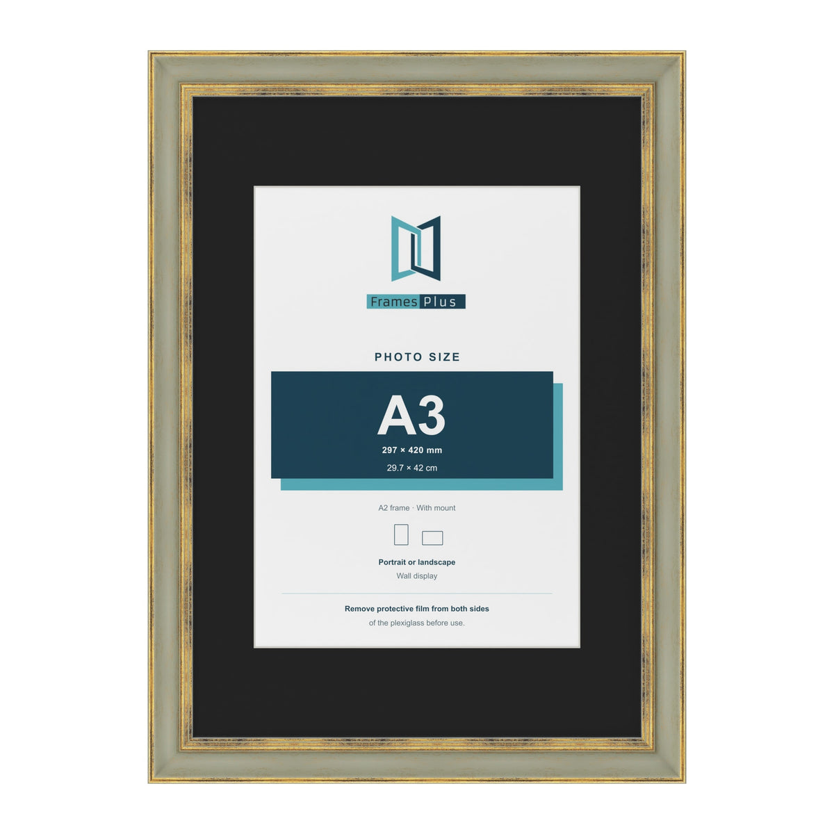 Cassis Green A2 picture frame with a black mount for an A3 photo