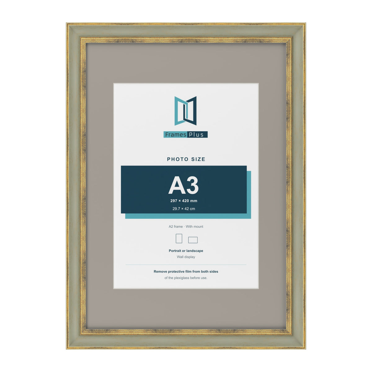 Cassis Green A2 picture frame with a dawn grey mount for an A3 photo