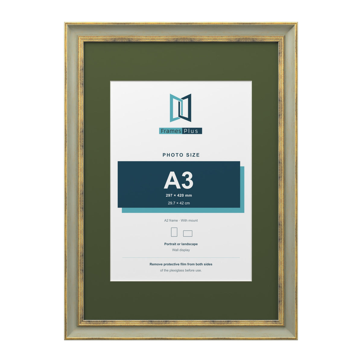 Cassis Green A2 picture frame with a green mount for an A3 photo