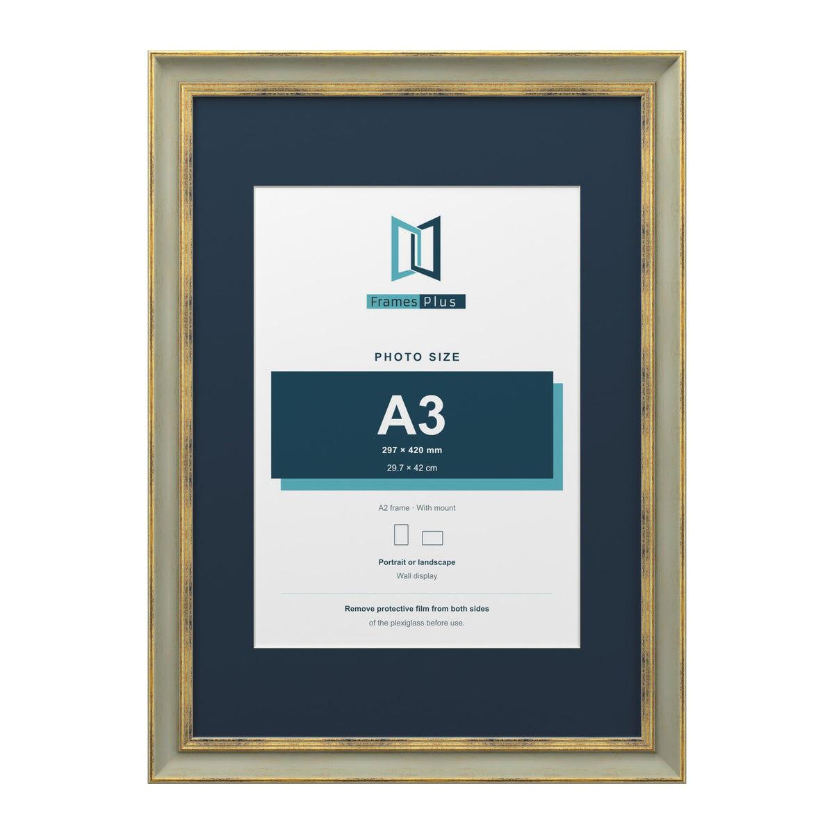 Cassis Green A2 picture frame with a pacific blue mount for an A3 photo