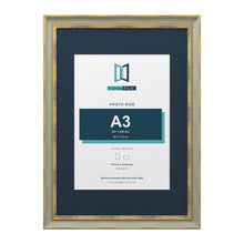 Cassis Green A2 picture frame with a pacific blue mount for an A3 photo
