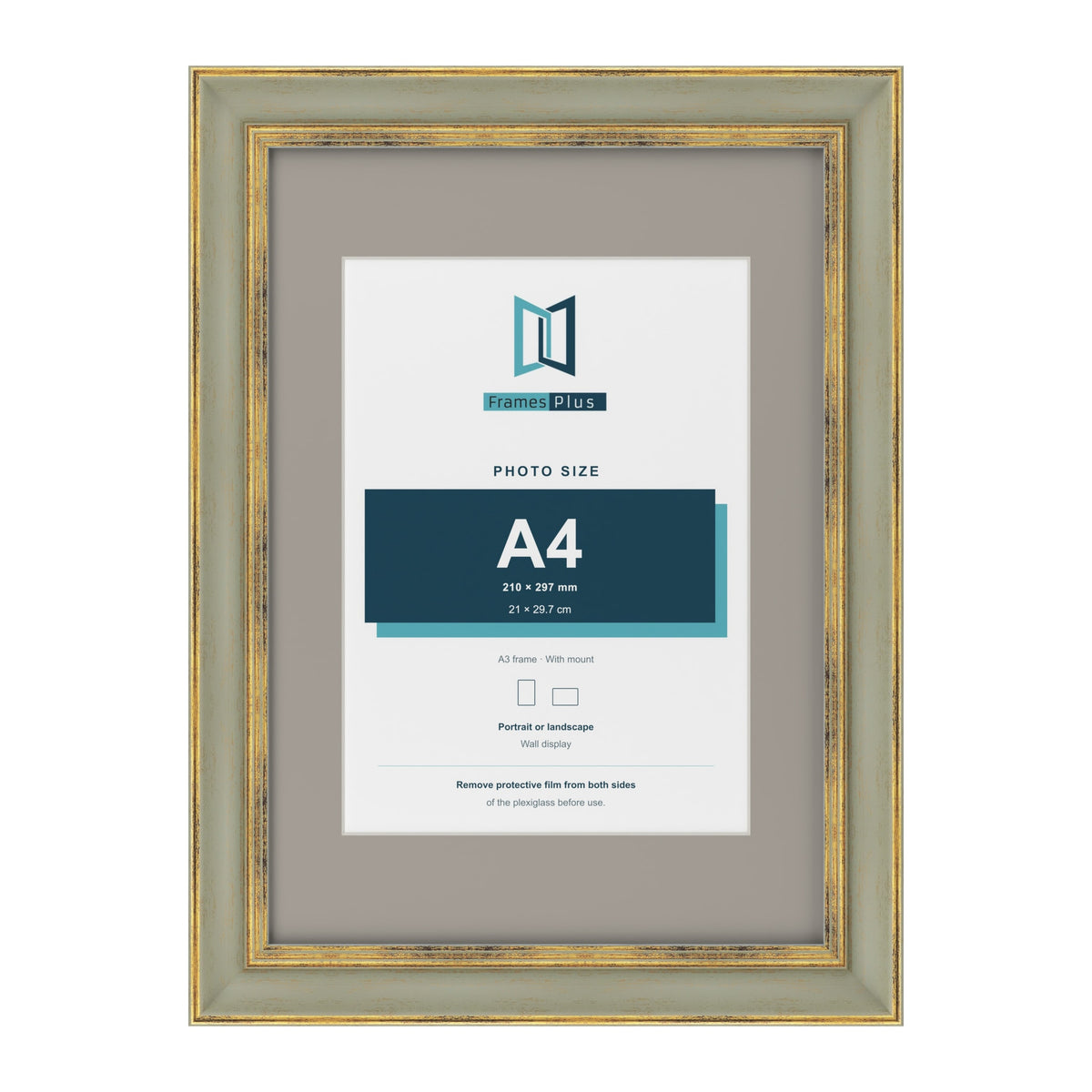 Cassis Green A3 picture frame with a dawn grey mount for an A4 photo