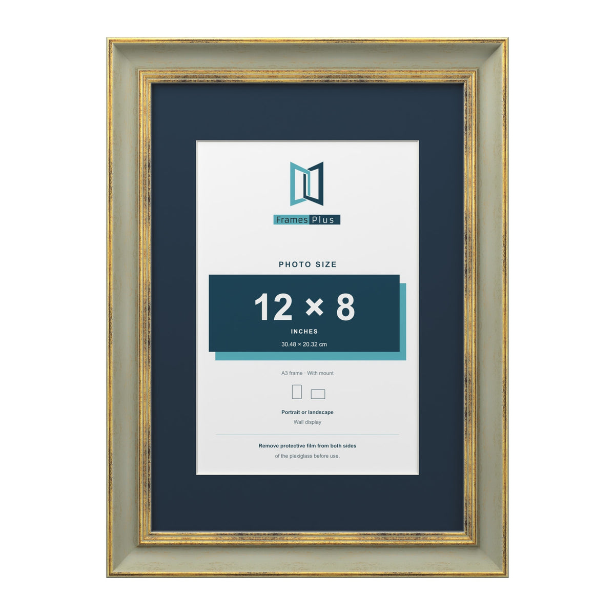 Cassis Green A3 picture frame with a pacific blue mount for a 12 x 8 inch photo