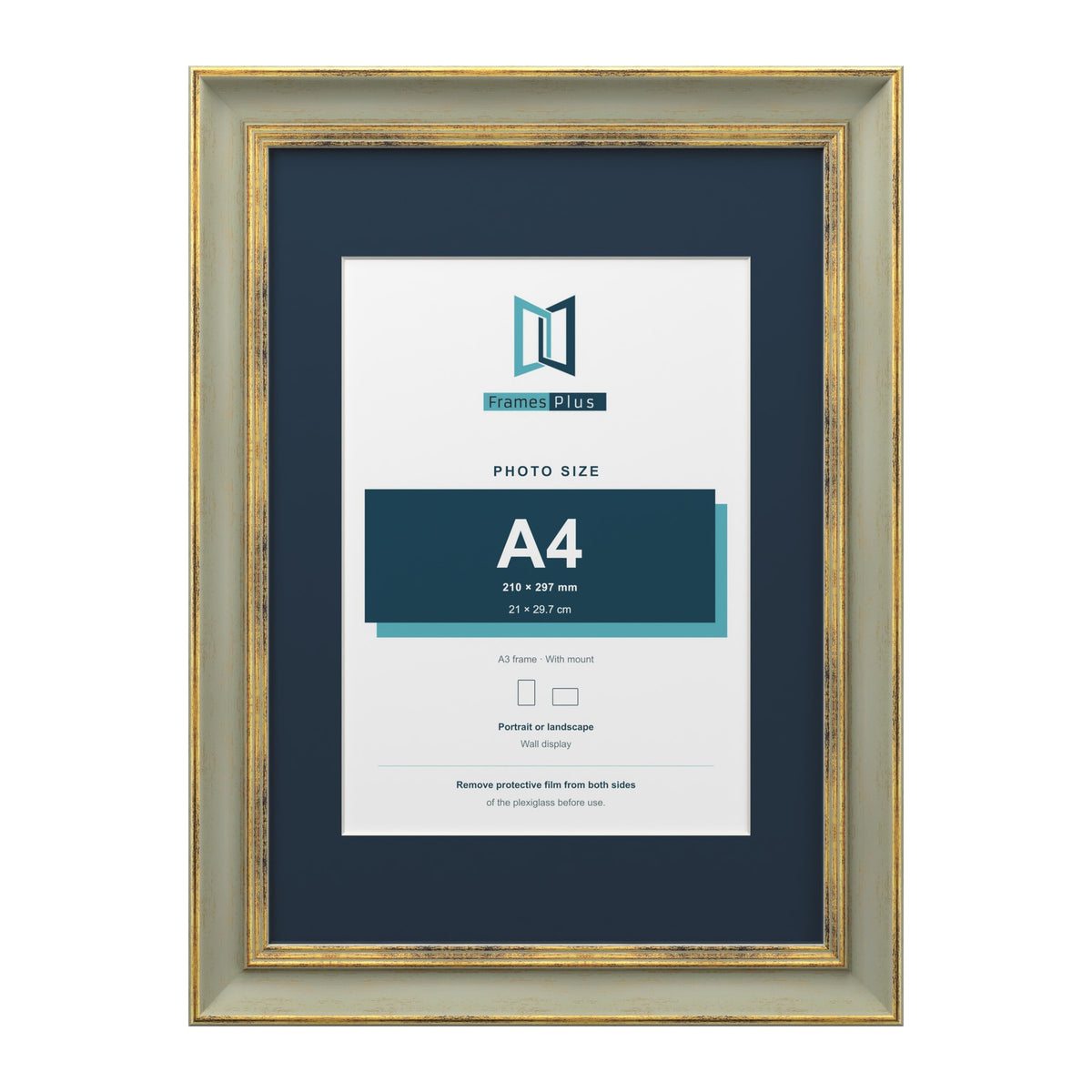 Cassis Green A3 picture frame with a pacific blue mount for an A4 photo