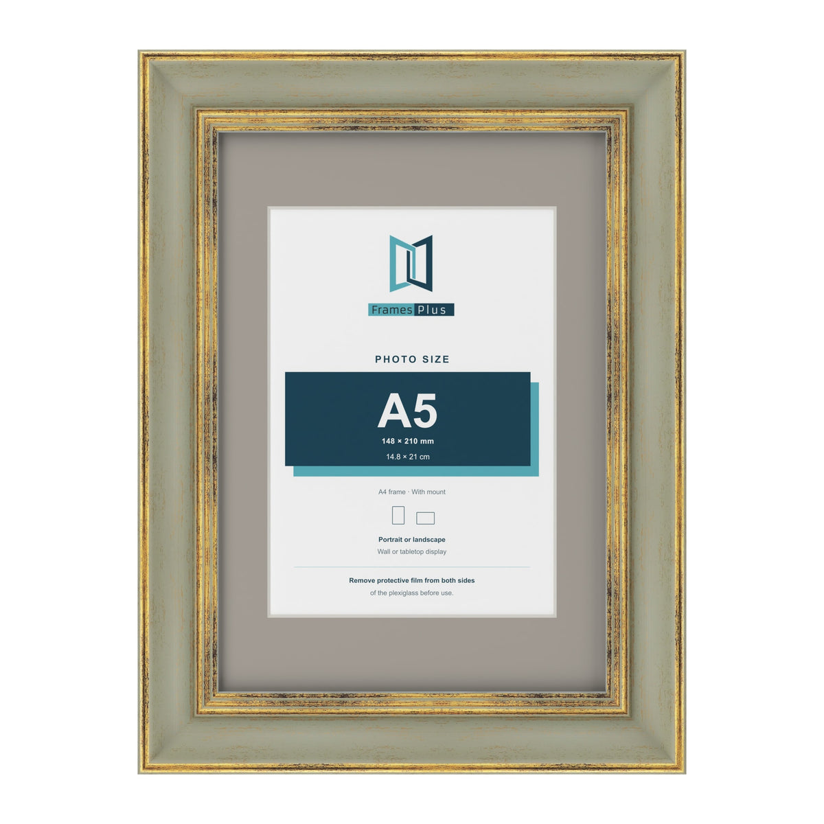 Cassis Green A4 picture frame with a dawn grey mount for an A5 photo