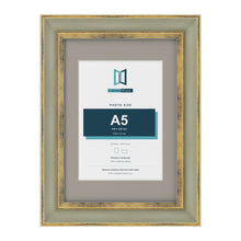 Cassis Green A4 picture frame with a dawn grey mount for an A5 photo
