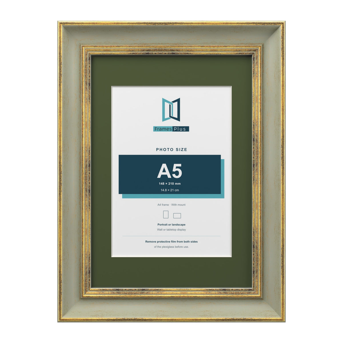 Cassis Green A4 picture frame with a green mount for an A5 photo
