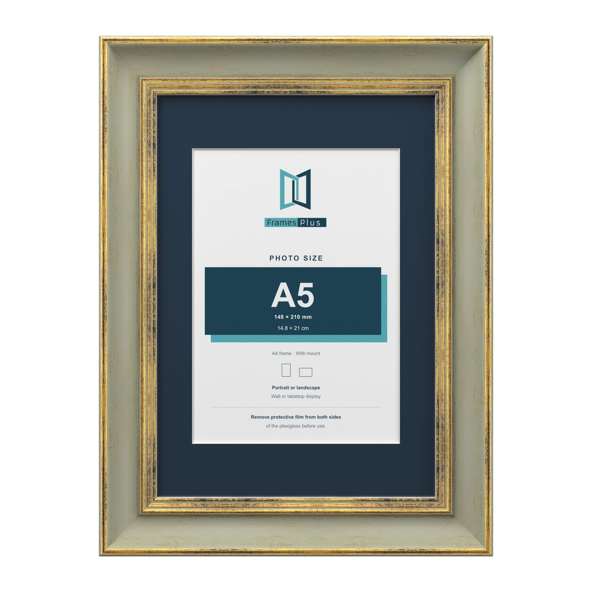 Cassis Green A4 picture frame with a pacific blue mount for an A5 photo