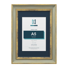 Cassis Green A4 picture frame with a pacific blue mount for an A5 photo