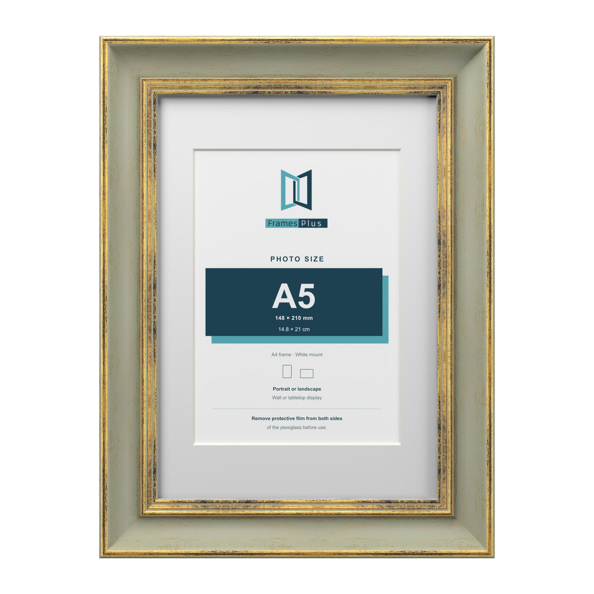 Cassis Green A4 picture frame with a white mount for an A5 photo