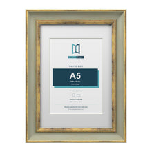 Cassis Green A4 picture frame with a white mount for an A5 photo