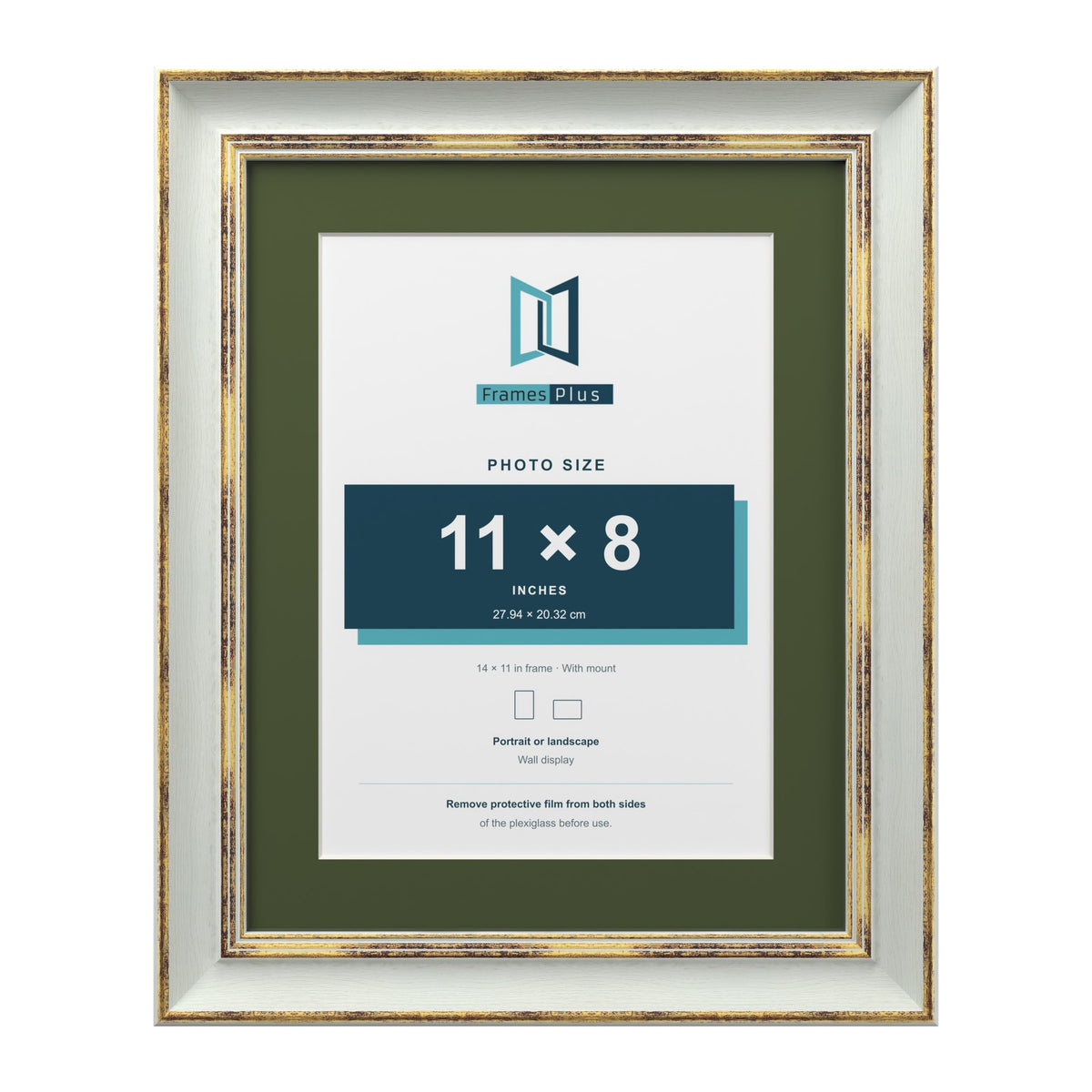 Cassis Light Grey 14 x 11 inch picture frame with a green mount for an 11 x 8 inch photo