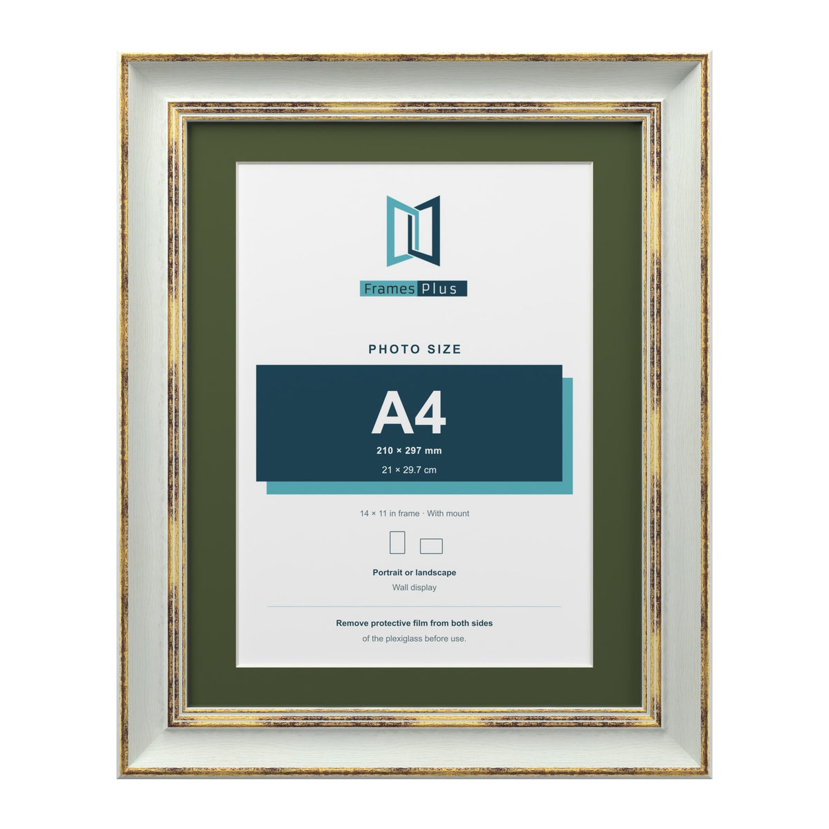 Cassis Light Grey 14 x 11 inch picture frame with a green mount for an A4 photo